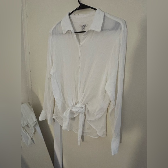Amuse Society White Button Down Tie Sheer Collared Top M - Picture 8 of 10